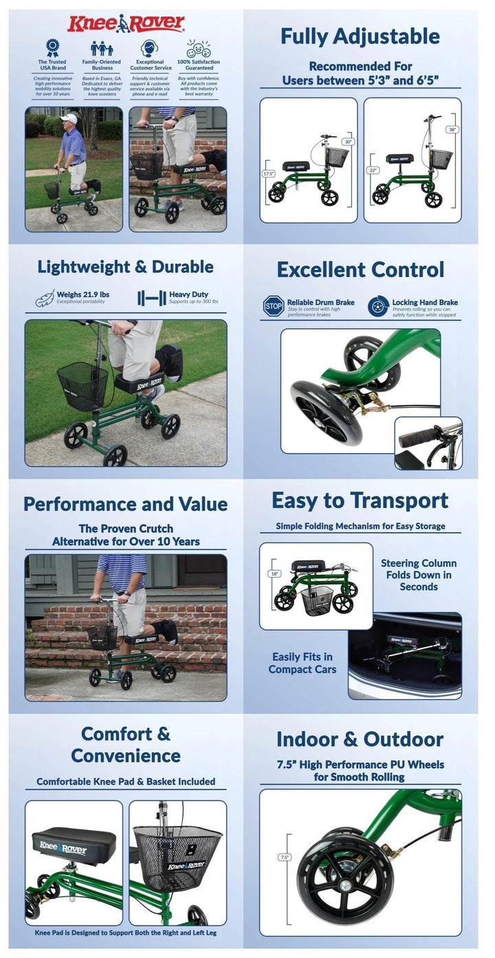 KneeRover Steerable Knee Scooter Knee Walker in Green